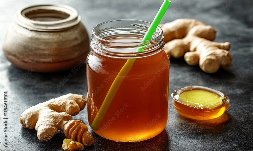 Refreshing ginger honey beverage in a mason jar with ginger roots and honey on a dark surface. Refreshing ginger honey beverage in a mason jar with ginger roots and honey on a dark surface.