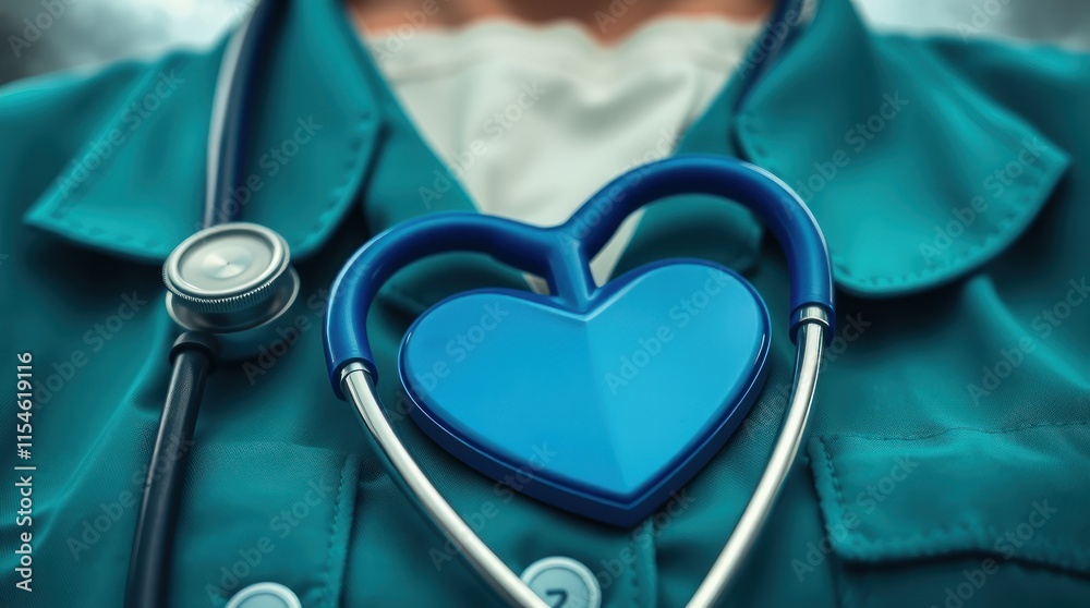 A healthcare professional wearing scrubs with a stethoscope and a heart symbol. A healthcare professional wearing scrubs with a stethoscope and a heart symbol.