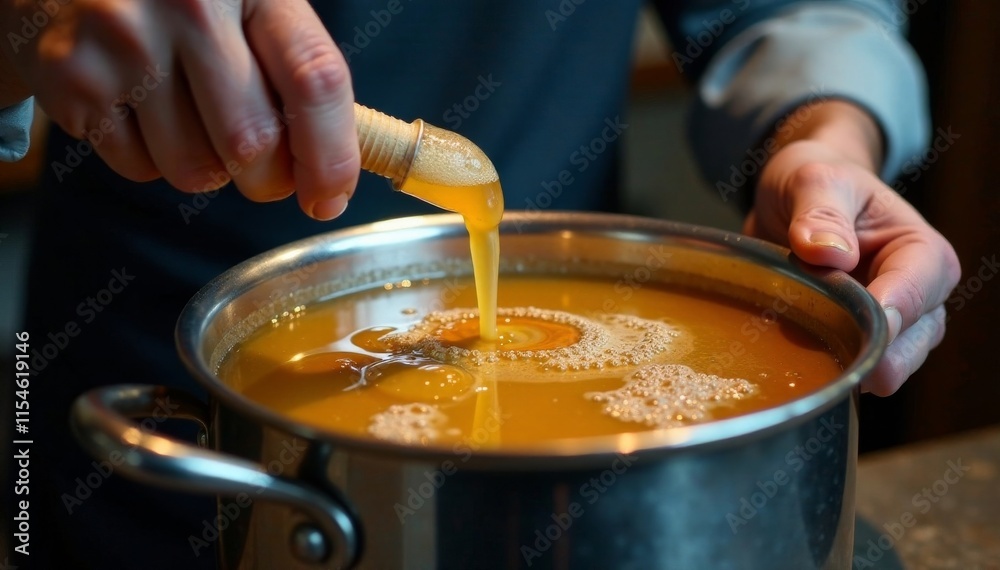 A hands brewing beer in a stainless steel pot with bubbles rising up the side of the pot , pot, bubbles A hands brewing beer in a stainless steel pot with bubbles rising up the side of the pot , pot, bubbles