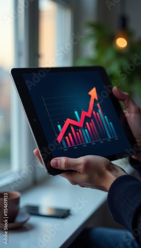 A hand holds a tablet with an upward arrow and financial graph on screen , upward trend, stock market