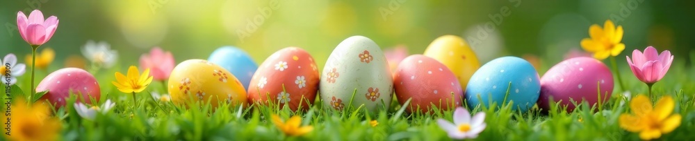 A cluster of Easter eggs surrounded by grass and flowers, easter eggs, nature A cluster of Easter eggs surrounded by grass and flowers, easter eggs, nature