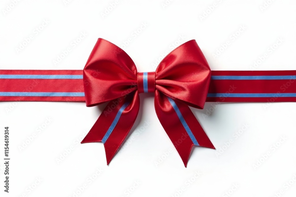 A lone red satin bow with stripes of blue and white, isolated against a plain white background, july, symbol A lone red satin bow with stripes of blue and white, isolated against a plain white background, july, symbol