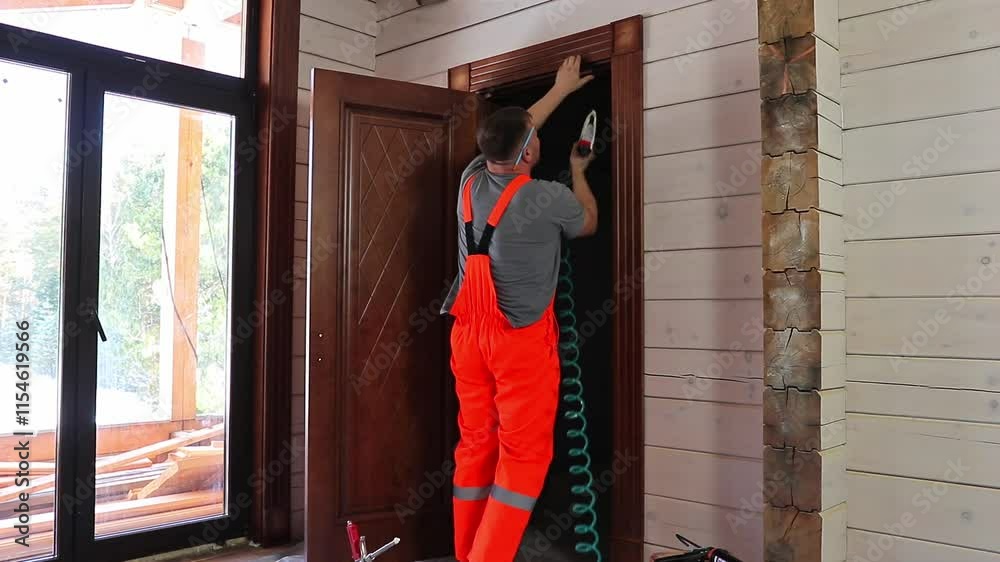 installation of door trim by professional worker in orange overalls