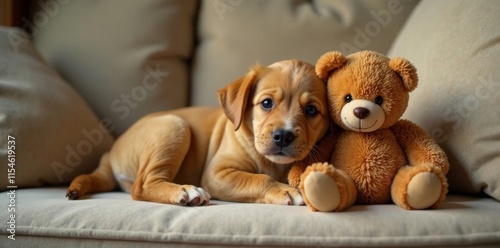 Adorable puppy snuggled up with teddy bear on couch, adorable puppy, studio photo