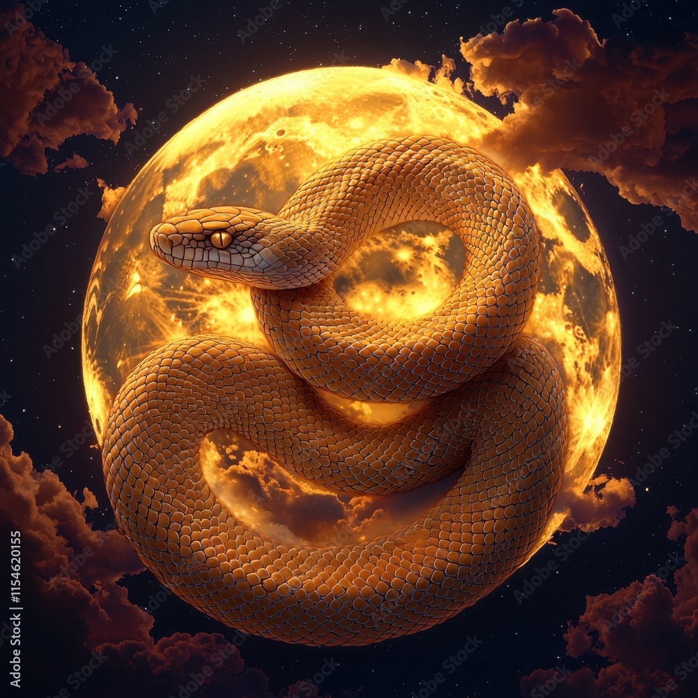 Fototapeta premium Majestic Snake Coiling Around a Full Moon: Lunar S majestic snake illustration, coiling snake artwork, 
