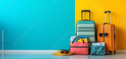 Colorful travel bags and accessories arranged against a vibrant backdrop. photo