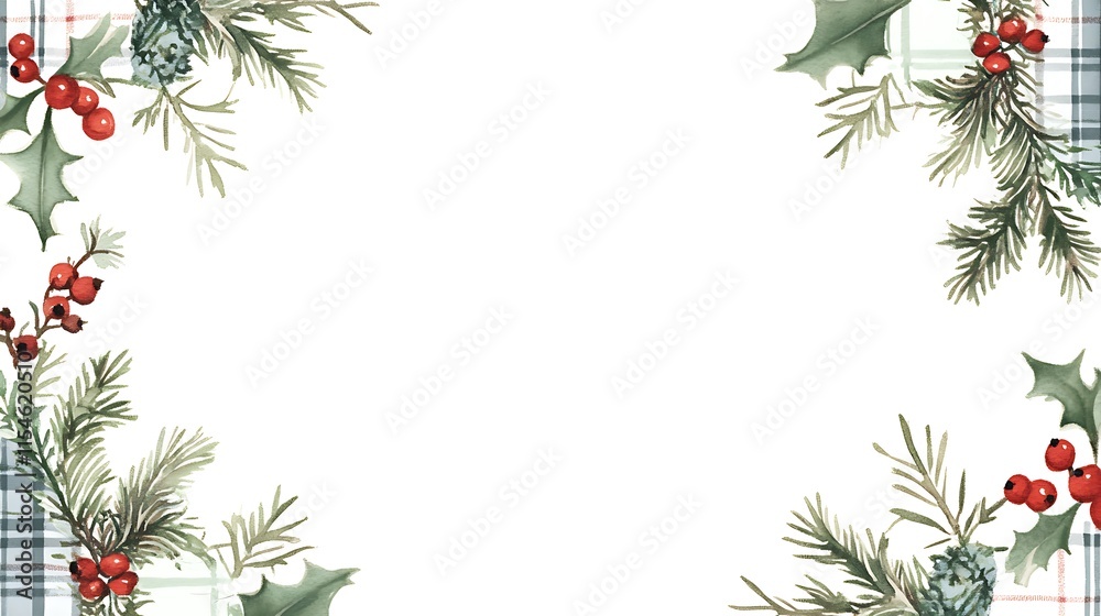 Festive winter botanical frame with holly, berries, pine, and plaid. Festive winter botanical frame with holly, berries, pine, and plaid.