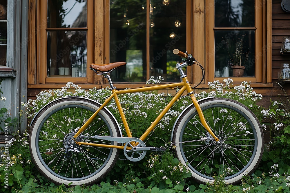 Yellow Bicycle Resting Near Rustic Wooden Window Yellow Bicycle Resting Near Rustic Wooden Window