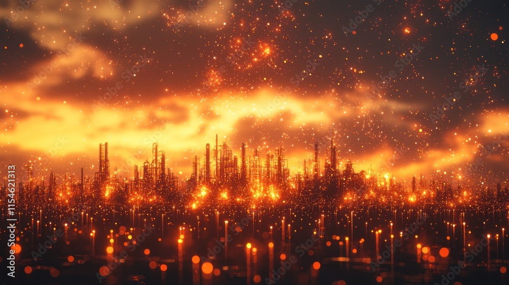 Fototapeta premium Fiery Industrial Skyline: A Digital Painting of an Orange-Lit City at Night