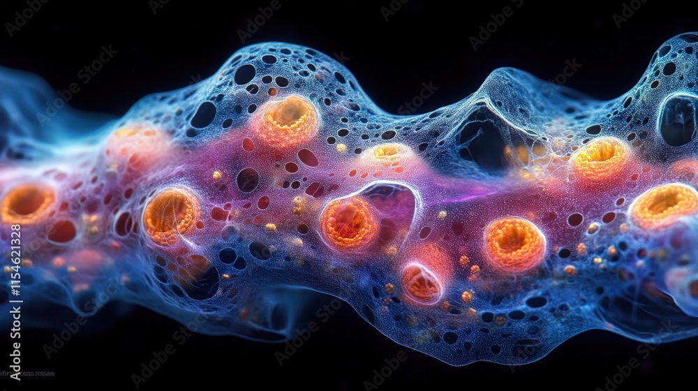Fototapeta premium Microscopic view of vibrant cells, organic forms, and network structures.