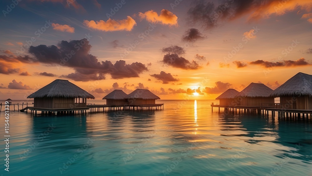Overwater bungalows beneath a gorgeous sunset Overwater bungalows beneath a gorgeous sunset
