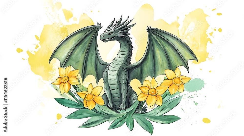Obraz premium Green dragon sitting amidst yellow daffodils on watercolor background.