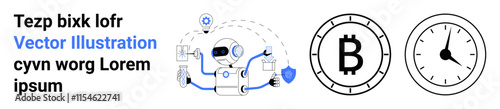 Robot connected to tech devices, Bitcoin symbol, and clock. Ideal for cryptocurrency, technology, automation, fintech, blockchain, time management, future innovation concepts. Landing page