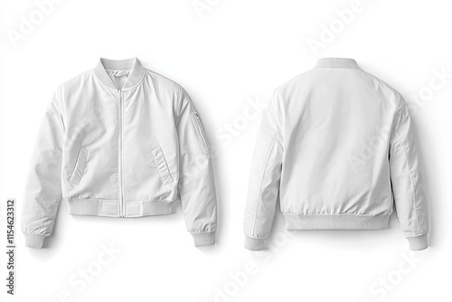 White bomber jacket, front and back view, isolated on white background.