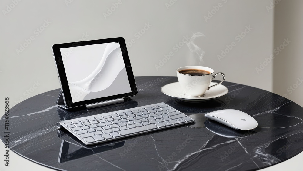 Modern Workspace Setup With Tablet Keyboard Mouse And Coffee Modern Workspace Setup With Tablet Keyboard Mouse And Coffee