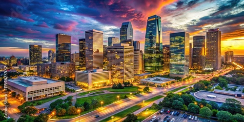 Houston's nighttime cityscape: a striking portrait of towering buildings, capturing the energy of Texas' urban heart.