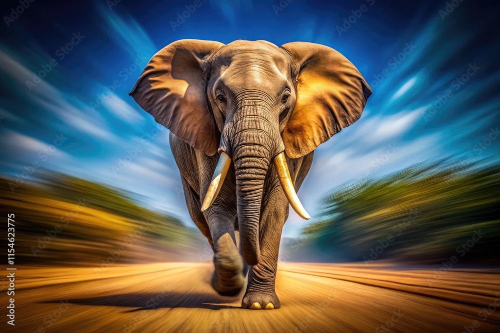 Fototapeta premium Long exposure wildlife photography: a charging elephant's furious energy frozen in time. PNG.