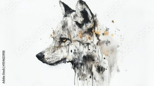 Abstract watercolor painting of wolf head with expressive details photo