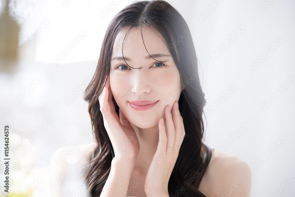 Beautiful young woman's bare skin feeling beautiful hands touching cheeksBeauty imageClose upCamera eye view Beautiful young woman's bare skin feeling beautiful hands touching cheeksBeauty imageClose upCamera eye view