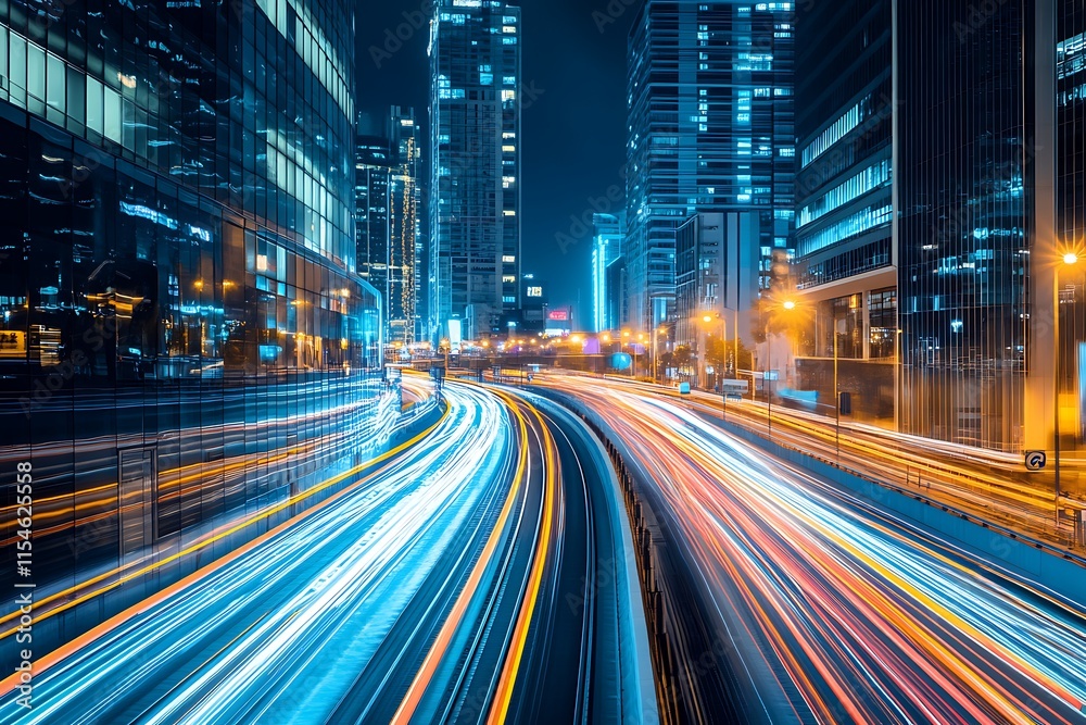 Night Cityscape with Light Trails. Concept of urban dynamism, technology, and fast paced life.