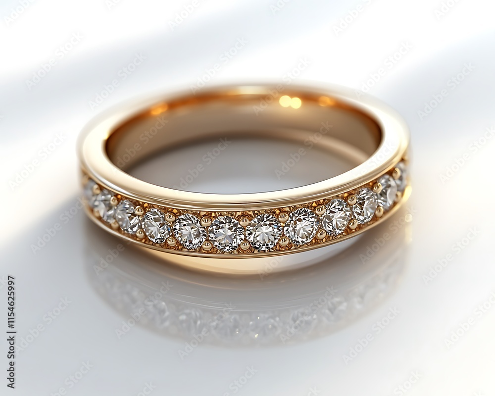 A diamond-studded gold ring sitting on a clean white surface, glowing under soft, bright lighting with sharp reflections. contrast, white background, well-lit, sharp, realistic A diamond-studded gold ring sitting on a clean white surface, glowing under soft, bright lighting with sharp reflections. contrast, white background, well-lit, sharp, realistic