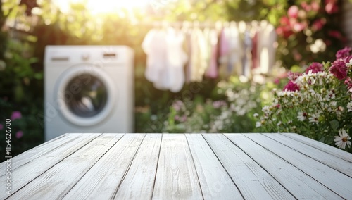 Sunny Laundry Day: Wooden Table in a Blooming Garden with a Washing Machine