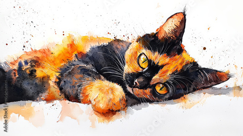 vibrant tortoiseshell cat with striking colors in watercolor style