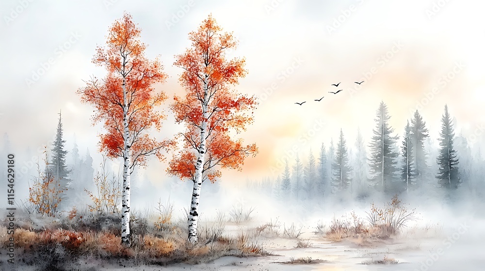 Fototapeta premium Misty Autumn Birch Trees, Watercolor Landscape - Minimalist Art