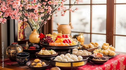 A traditional Japanese New Year altar set with offerings of mochi, osechi-ryori, and fresh flowers, celebrating Oshogatsu with family photo