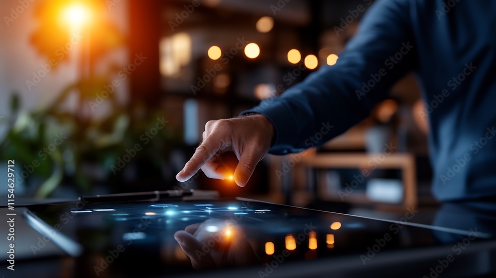 Naklejka premium A Person's Finger Interacting With a Futuristic Tablet Interface