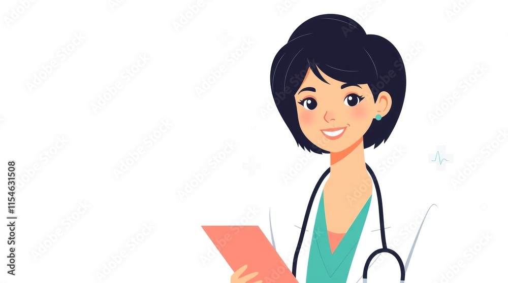 A cheerful female doctor holding a clipboard, representing healthcare and professionalism. A cheerful female doctor holding a clipboard, representing healthcare and professionalism.