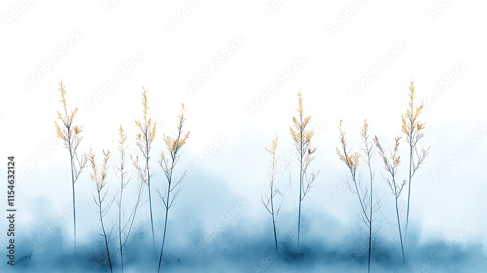 Fototapeta premium Misty Winter Branches, Blue Fog, Plants - Minimalism