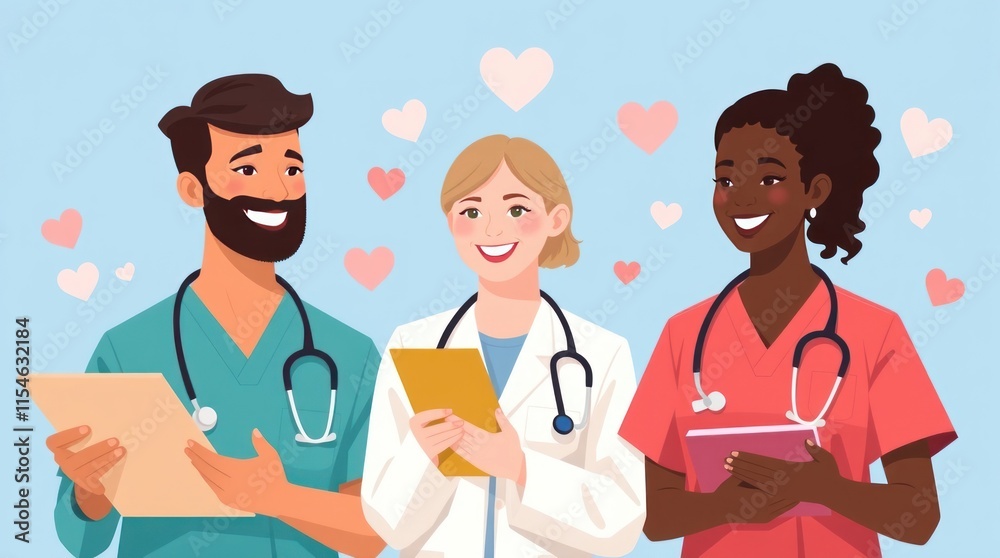 A diverse group of healthcare professionals smiling and holding tablets, surrounded by hearts. A diverse group of healthcare professionals smiling and holding tablets, surrounded by hearts.