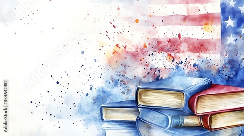 Watercolor books stack with US flag background.