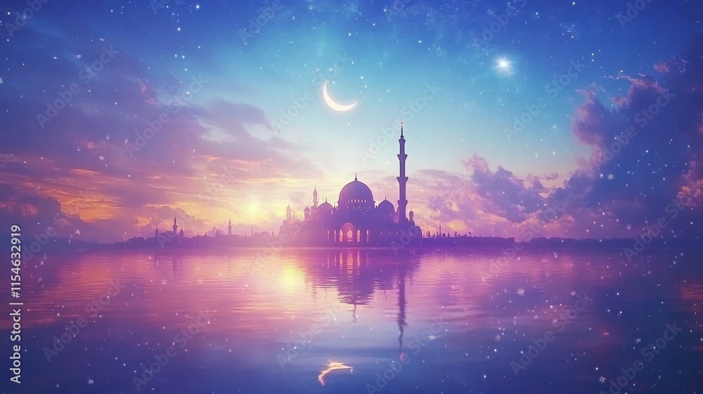 Majestic mosque at sunset, reflected in tranquil water under a crescent moon and starry sky. Majestic mosque at sunset, reflected in tranquil water under a crescent moon and starry sky.