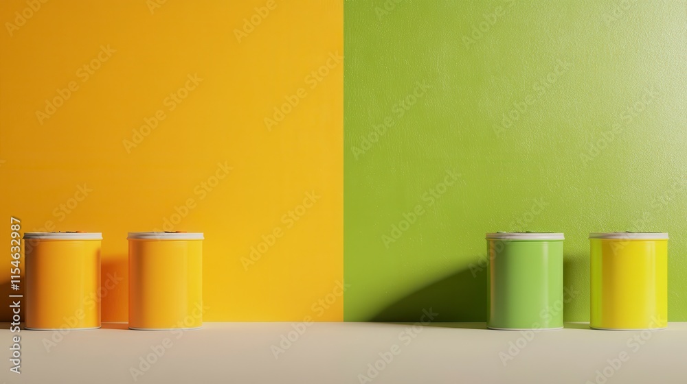 Colorful paint cans displayed against contrasting yellow and green walls in a modern interior setting Colorful paint cans displayed against contrasting yellow and green walls in a modern interior setting