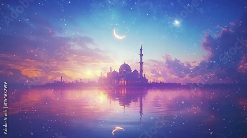 Majestic mosque at sunset, reflected in tranquil water under a crescent moon and starry sky.