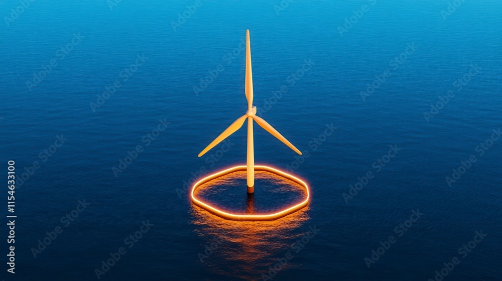 A stunning aerial view of a solitary offshore wind turbine illuminated by delicate orange lights on the serene ocean surface at dusk A stunning aerial view of a solitary offshore wind turbine illuminated by delicate orange lights on the serene ocean surface at dusk