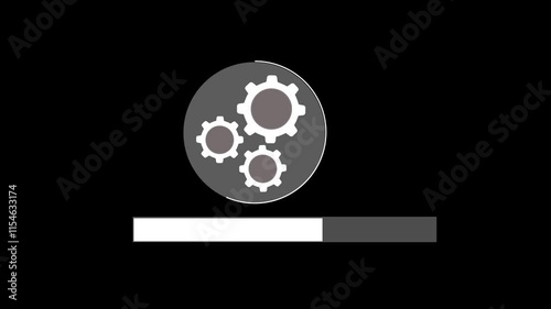 Software updating animation with system upgrade and settings icon on black background
