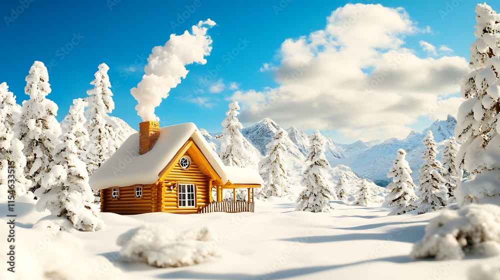 Naklejka premium Cozy Winter Cabin Escape in Snowy Landscape