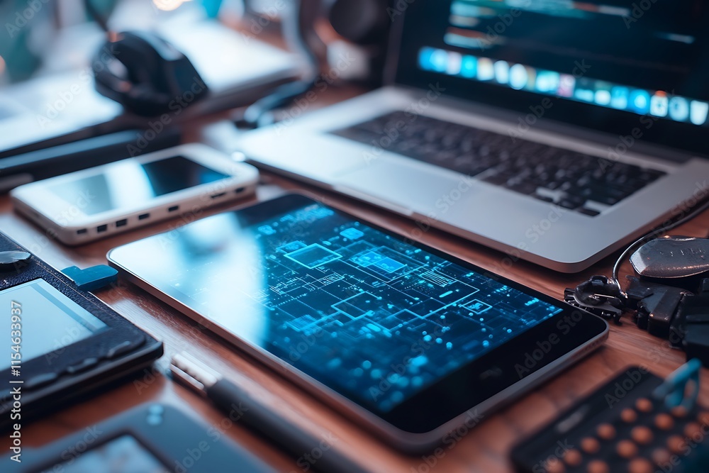 Digital technology workspace. Concept of modern technology, innovation, and digital design. Digital technology workspace. Concept of modern technology, innovation, and digital design.