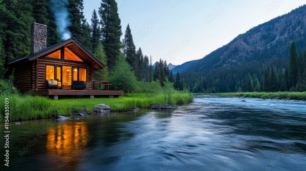 Fototapeta premium Tranquil riverside cabin retreat at dusk with warm glowing lights and scenic mountainous backdrop