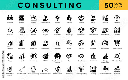 Consulting icons set with consulting, strategy, analysis, problem solving, solutions, expertise, guidance, advice, planning, evaluation icon. Simple glyph vector 
