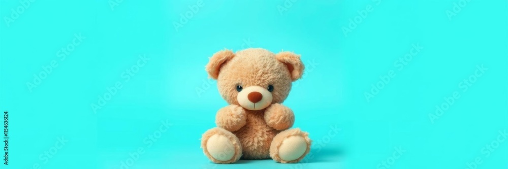 Fototapeta premium Sorrowful blue teddy bear on teal background, cute, teddy bear, toy