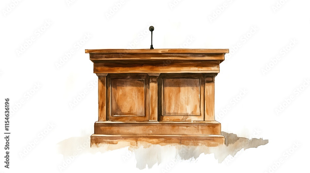 Watercolor painting of a wooden podium with a microphone. Watercolor painting of a wooden podium with a microphone.