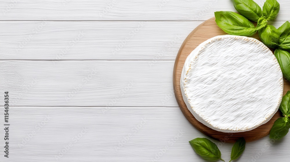 Artfully arranged cheese wheel surrounded by fresh basil leaves on a rustic wooden board against a white backdrop Artfully arranged cheese wheel surrounded by fresh basil leaves on a rustic wooden board against a white backdrop