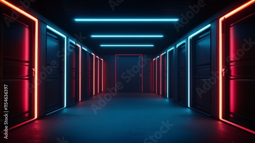 A futuristic corridor lined with glowing doors showcasing vibrant neon lighting for a modern sci-fi ambiance