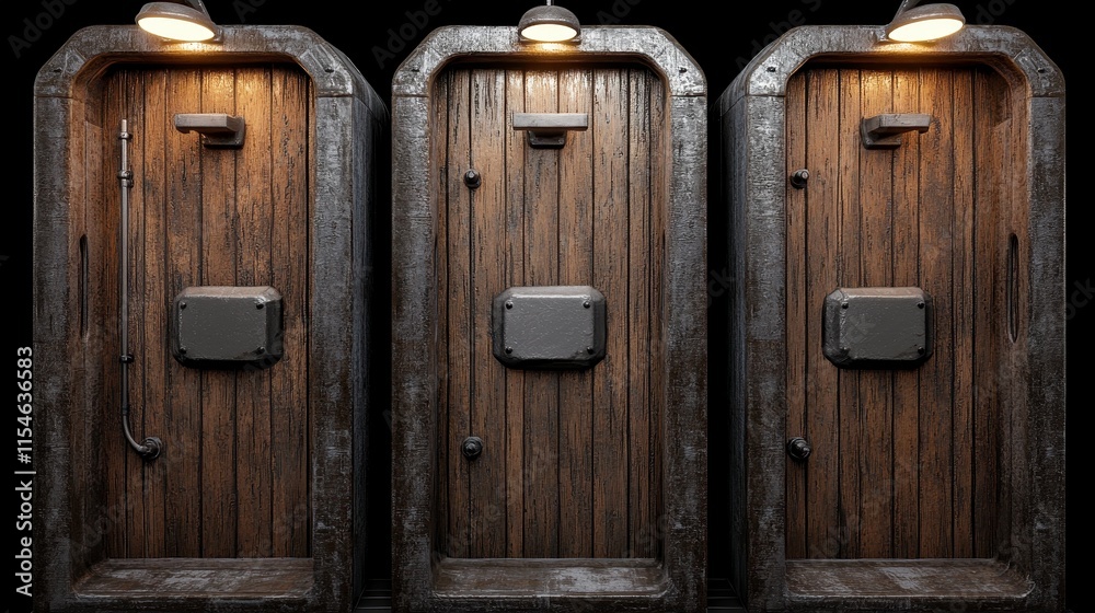 A trio of rustic wooden doors with metallic fixtures and warm lighting in a dimly lit environment A trio of rustic wooden doors with metallic fixtures and warm lighting in a dimly lit environment