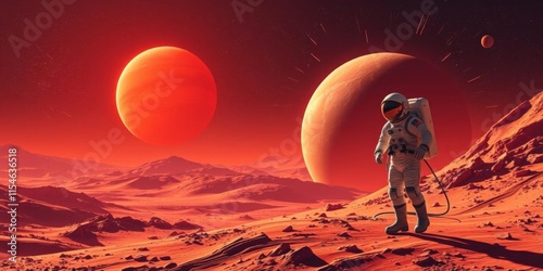 Spaceman in a futuristic space suit standing on the rocky surface of Mars, symbolizing the conquering of a new planet and exploration of outer space, new planet, red planet, outer space