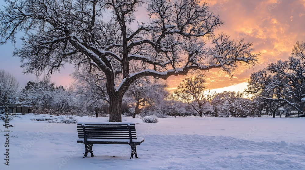 Snowy Winter Landscape at Sunset with a Bench Snowy Winter Landscape at Sunset with a Bench